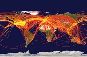 The movement of people around the globe, depicted here in a map of air traffic among the 500 largest international airports, can lead to the rapid spread of infectious disease. (Reprinted with permission from L. Hufnagle, D. Brockmann, and T. Geisel. Copyright 2004 National Academy of Sciences.)